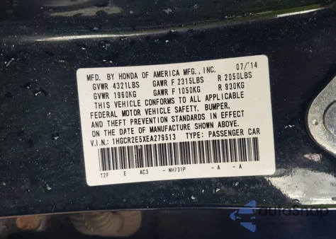 2014 Honda Accord Sport from USA, damaged, VIN 1HGCR2E5XEA279513